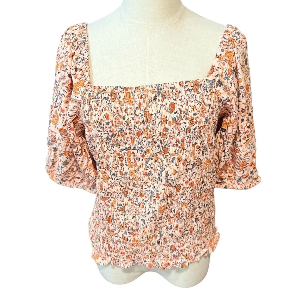 Old‎ Navy Womens Large Smocked Floral Square Neck Puff Sleeve Blouse Peach NWT
